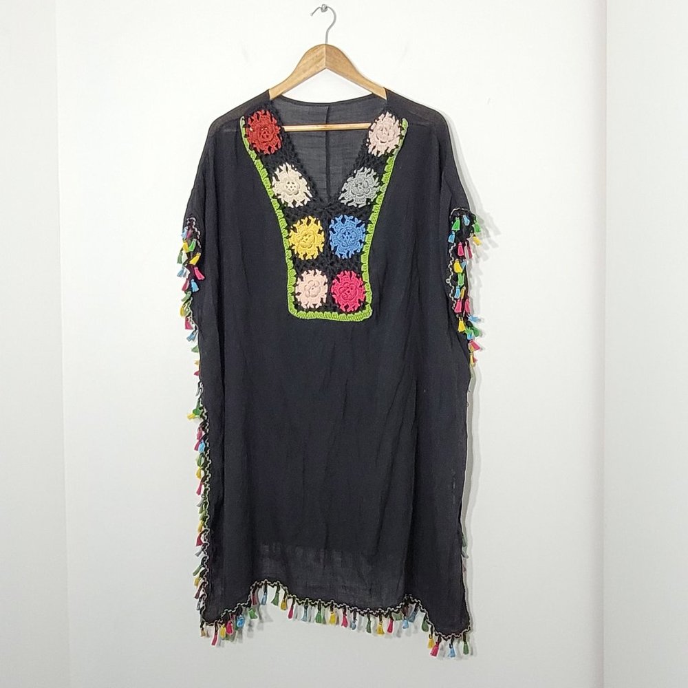 Poncho Crochet Floral Cover Up Travel Fringe Trim Pull Over Lightweight Oversize